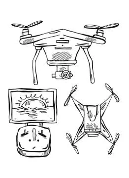 Hand drawn vector lined illustration of drones,multicopter isolated on white Stock Illustration