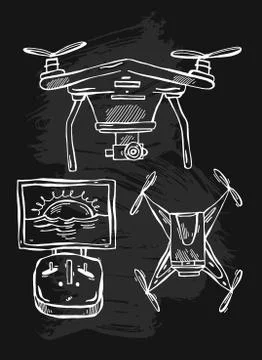 Hand drawn vector lined illustration of drones,multicopter isolated on white Illustrazione stock