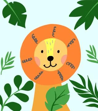 Hand drawn vector lion in frame of tropical leaves. Cute illustration Stock Illustration