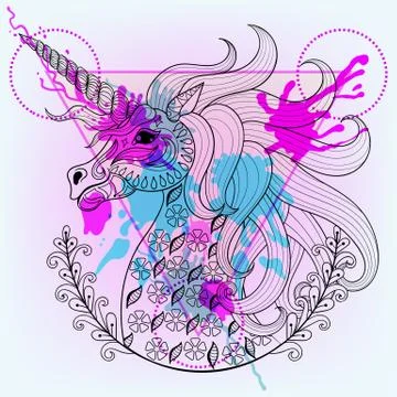 Hand drawn vector magic unicorn for adult coloring page in zenta 스톡 일러스트