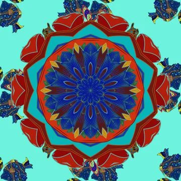 Hand-drawn vector mandala with colored abstract pattern on a red, blue and orang イラスト素材