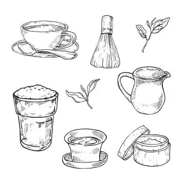 Hand drawn vector matcha set Stock Illustration