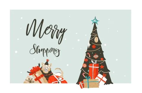 Hand drawn vector Merry Christmas shopping time cartoon graphic simple greeting Stock Illustration