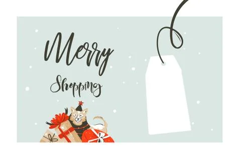Hand drawn vector Merry Christmas shopping time cartoon graphic simple greeting Stock Illustration