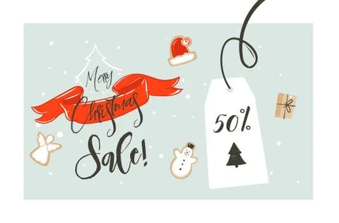 Hand drawn vector Merry Christmas shopping time cartoon graphic simple greeting Stock Illustration