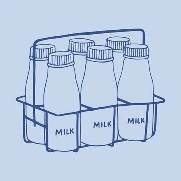 Hand drawn vector of a metal wire milk carrier with six traditional glass Stock Illustration