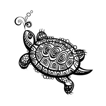 Hand drawn vector monochrome doodle turtle decorated with oriental ornament. Stock Illustration