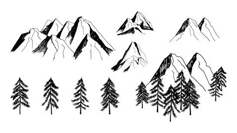 Hand drawn vector mountain and trees sketch clipart. Illustrazione stock