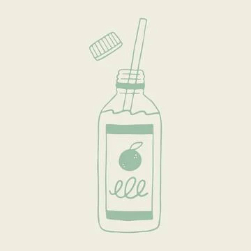 Hand drawn vector of an orange juice glass bottle with an open cap and a Stock Illustration