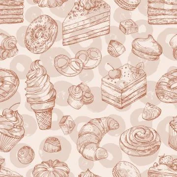 Hand drawn vector pastries, bakery, desserts seamless pattern Stock Illustration