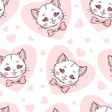 Hand drawn vector pattern with cute pink cat and hearts, kids design seamless Illustrazione stock