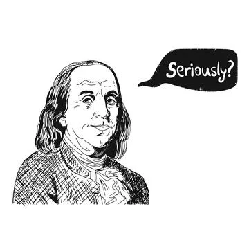 Hand drawn vector portrait. Benjamin Franklin and speech bubble with question - Stock Illustration