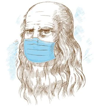 Hand drawn vector portrait. Leonardo Da Vinci with medical mask Stockillustratie