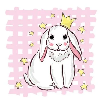 Hand Drawn Vector Princess Bunny Rabbit, Cute Cartoon Character Print Stock Illustration