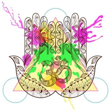 Hand drawn vector protection hamsa hand with symbol Ohm in zenta Stock Illustration