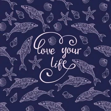 Hand drawn vector quote with  dolphins. Stock Illustration