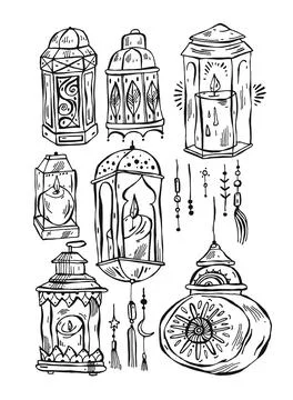 Hand drawn vector Ramadan Kareem and mosque background,beautiful greeting card 스톡 일러스트