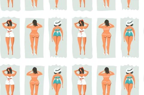 Hand drawn vector retro cartoon summer time fun seamless pattern with lazy lying Stock Illustration