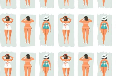 Hand drawn vector retro cartoon summer time fun seamless pattern with lazy lying Illustrazione stock