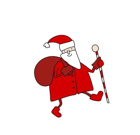 Hand drawn vector Santa Claus walking with red gift bag fun Merry Christmas time 스톡 일러스트