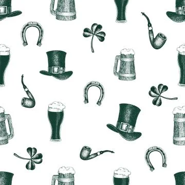 Hand drawn vector seamles pattern with leprechaun hat, clover, beer mug, barr Stock Illustration