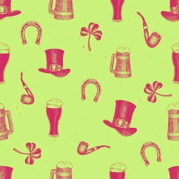 Hand drawn vector seamles pattern with leprechaun hat, clover, beer mug, barr Stock Illustration