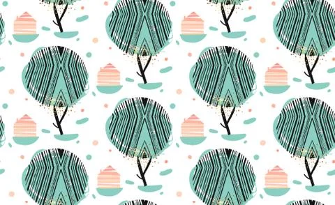Hand drawn vector seamless autdoor abstract pattern with forest trees and houses Illustrazione stock