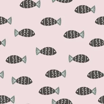 Hand drawn vector seamless cartoon fish pattern Stock Illustration