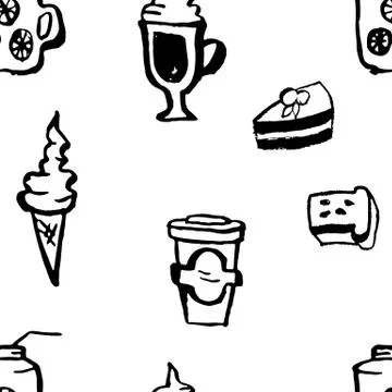 Hand drawn vector seamless coffee shop pattern. Dessert grunge background. Stock Illustration