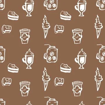 Hand drawn vector seamless coffee shop pattern. Dessert grunge background. Stock Illustration