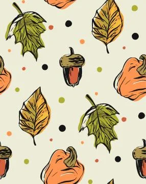 Hand drawn vector seamless pattern with autumn leaves fall,pumpkins and acorns Stock Illustration