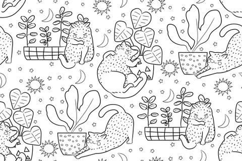 Hand drawn vector seamless pattern cats outline drawing illustration monochrom Illustrazione stock
