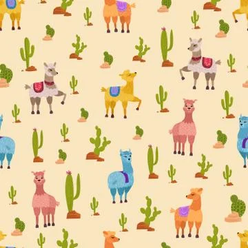 Hand drawn vector seamless pattern with cute lama alpaca, cactus and stones. 스톡 일러스트