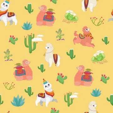 Hand drawn vector seamless pattern with cute lama alpaca, cactus and other plant 스톡 일러스트