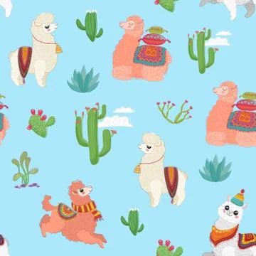 Hand drawn vector seamless pattern with cute lama alpaca, cactus and other plant 스톡 일러스트