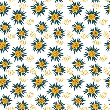 Hand drawn Vector Seamless pattern. Bright flowers, sunflowers on white Stock Illustration