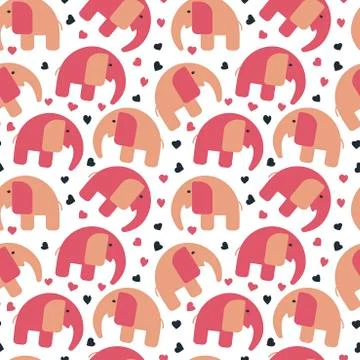 Hand drawn vector seamless pattern, cute elephants on white background Stock Illustration