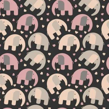Hand drawn vector seamless pattern, cute elephants on dark background Stock Illustration