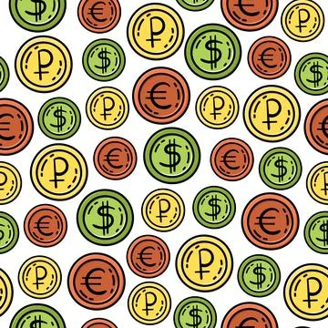 Hand drawn vector seamless pattern with coins. Decorative background. Dollar, Stock Illustration