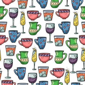 Hand drawn vector seamless pattern with cups and glasses. Decorative backgrou Stock-Illustration