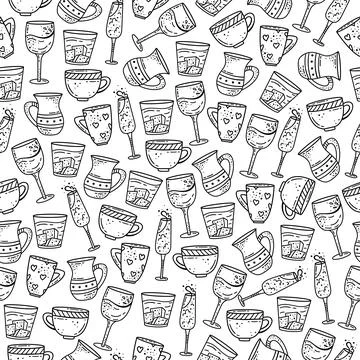 Hand drawn vector seamless pattern with cups and glasses. Decorative backgrou Stock Illustration