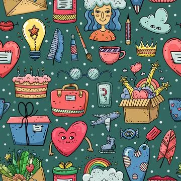 Hand drawn vector seamless pattern with doodles illustrations. Decorative bac 스톡 일러스트