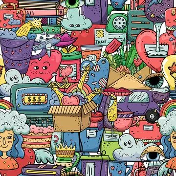 Hand drawn vector seamless pattern with doodles illustrations. Decorative bac Stock-Illustration