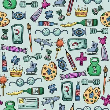 Hand drawn vector seamless pattern with doodles illustrations. Decorative bac Stock Illustration