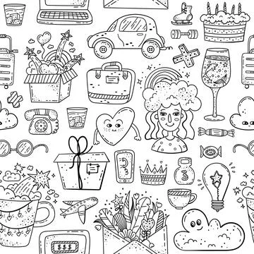Hand drawn vector seamless pattern with doodles illustrations. Decorative bac Stock Illustration