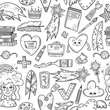 Hand drawn vector seamless pattern with doodles illustrations. Decorative bac Stock Illustration