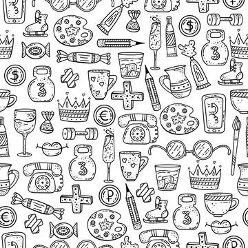 Hand drawn vector seamless pattern with doodles illustrations. Decorative bac Stock Illustration