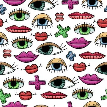 Hand drawn vector seamless pattern with doodles illustrations. Eyes and lips. Illustrazione stock