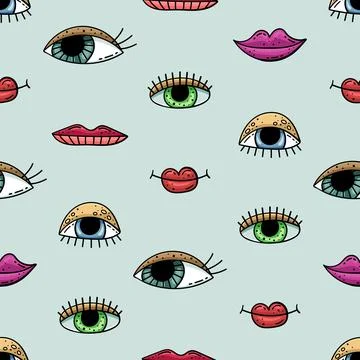 Hand drawn vector seamless pattern with doodles illustrations. Eyes and lips. Illustrazione stock