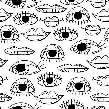 Hand drawn vector seamless pattern with doodles illustrations. Eyes and lips. Stock Illustration